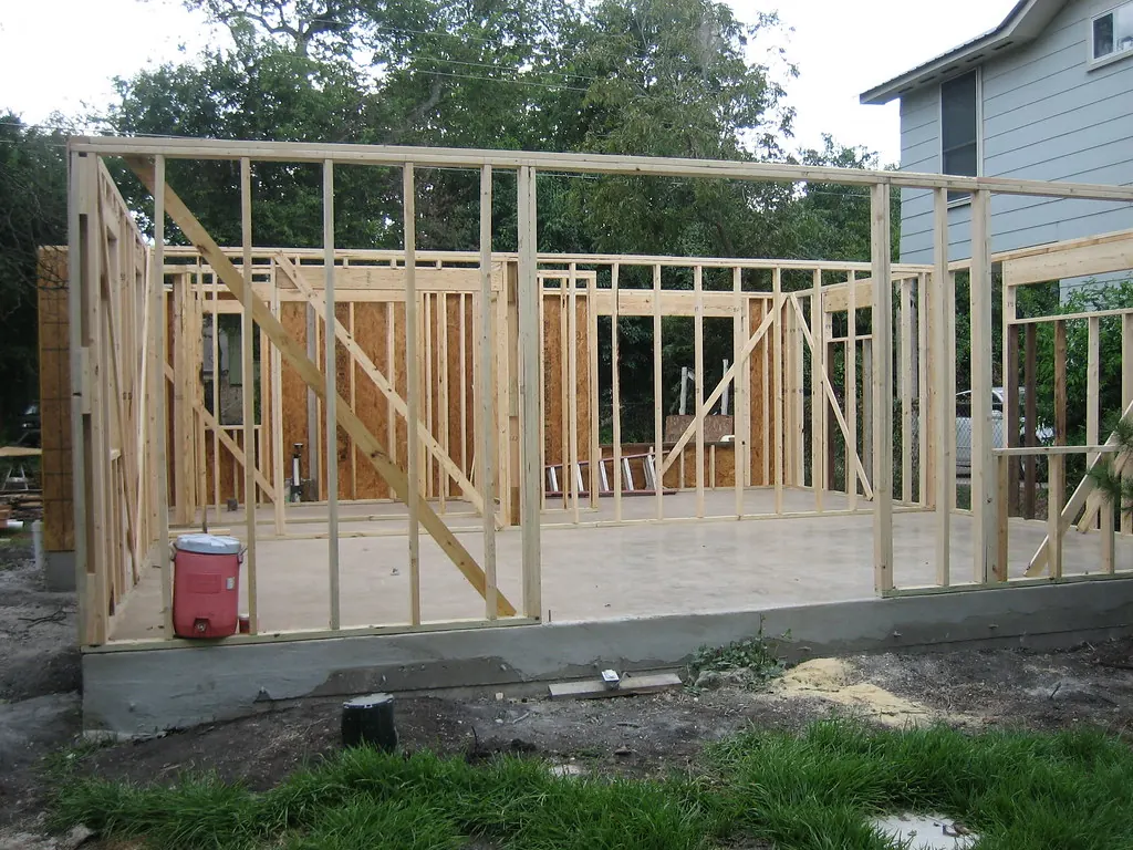 Wood-framed walls of a house under construction